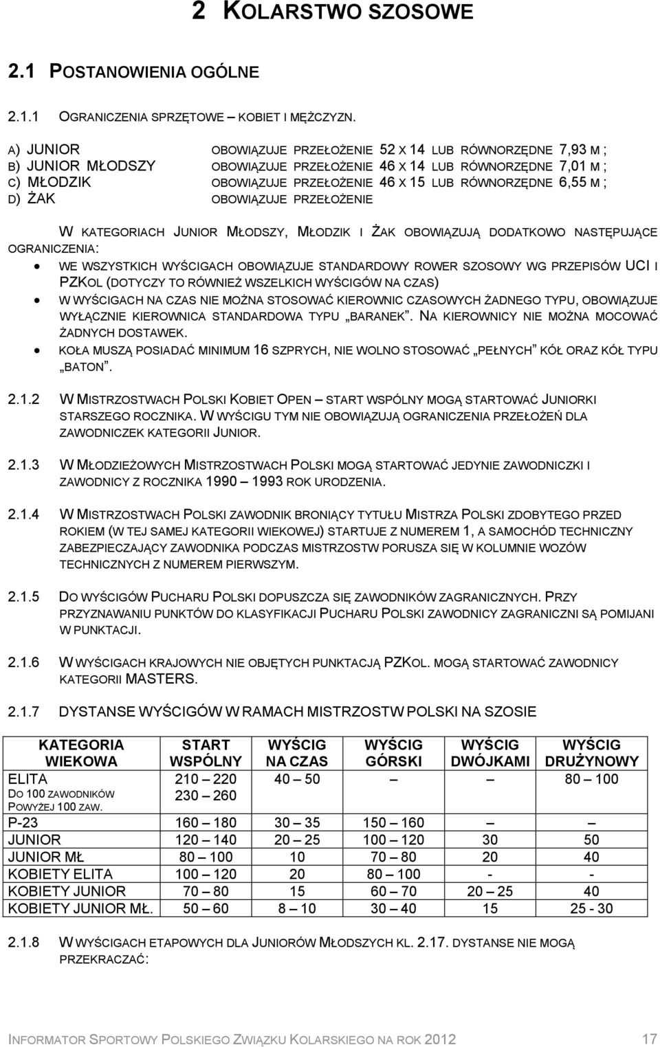 6,55 M ; D) ŻAK OBOWIĄZUJE PRZEŁOŻENIE W KATEGORIACH JUNIOR MŁODSZY, MŁODZIK I ŻAK OBOWIĄZUJĄ DODATKOWO NASTĘPUJĄCE OGRANICZENIA: WE WSZYSTKICH WYŚCIGACH OBOWIĄZUJE STANDARDOWY ROWER SZOSOWY WG
