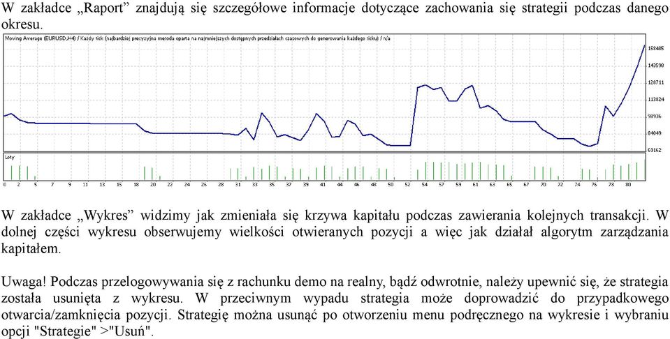 W dolnej części wykresu obserwujemy wielkości otwieranych pozycji a więc jak działał algorytm zarządzania kapitałem. Uwaga!