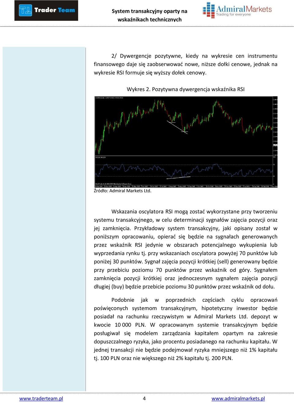 Przykładowy system transakcyjny, jaki opisany został w poniższym opracowaniu, opierać się będzie na sygnałach generowanych przez wskaźnik RSI jedynie w obszarach potencjalnego wykupienia lub