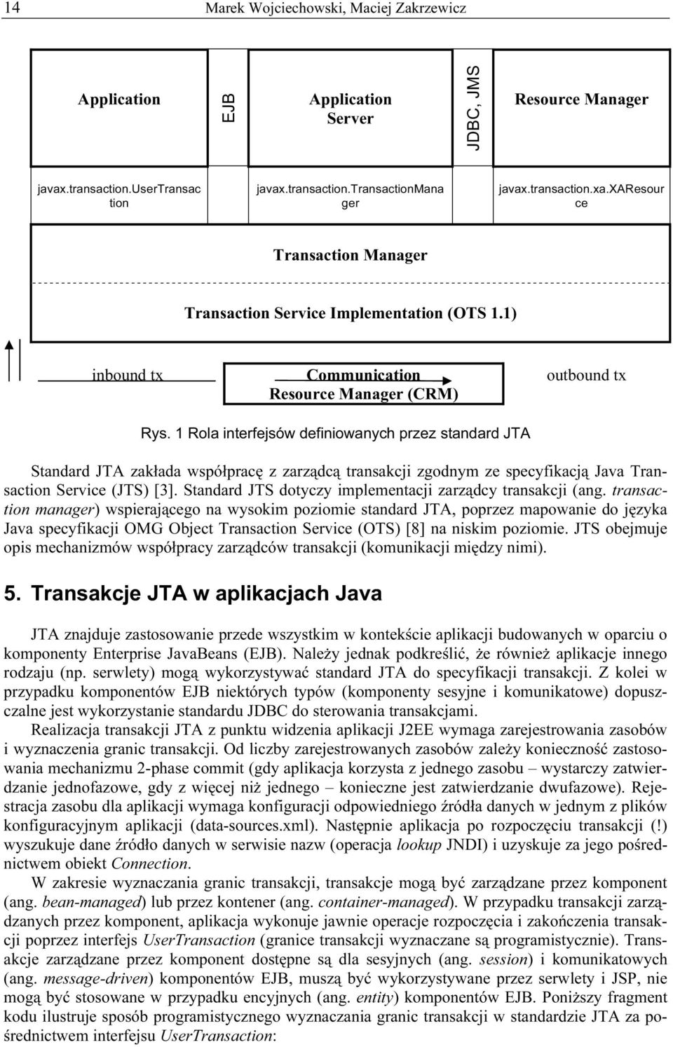 1 Rola interfejsów definiowanych przez standard JTA Standard JTA zakłada współpracę z zarządcą transakcji zgodnym ze specyfikacją Java Transaction Service (JTS) [3].