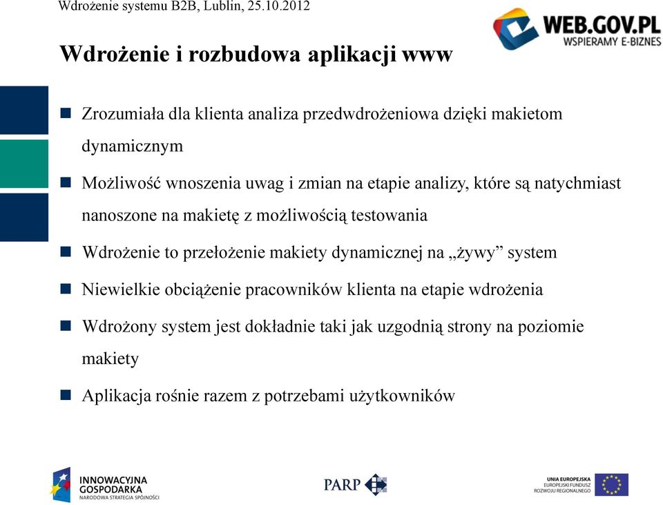 Wdrożenie to przełożenie makiety dynamicznej na żywy system Niewielkie obciążenie pracowników klienta na etapie