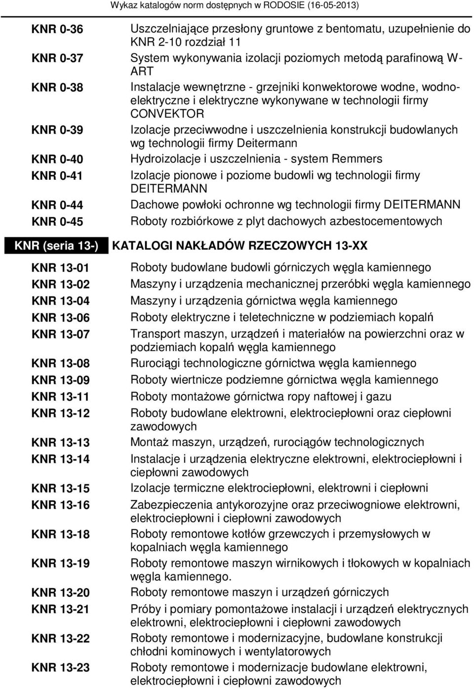 Deitermann KNR 0-40 Hydroizolacje i uszczelnienia - system Remmers KNR 0-41 Izolacje pionowe i poziome budowli wg technologii firmy DEITERMANN KNR 0-44 Dachowe powłoki ochronne wg technologii firmy