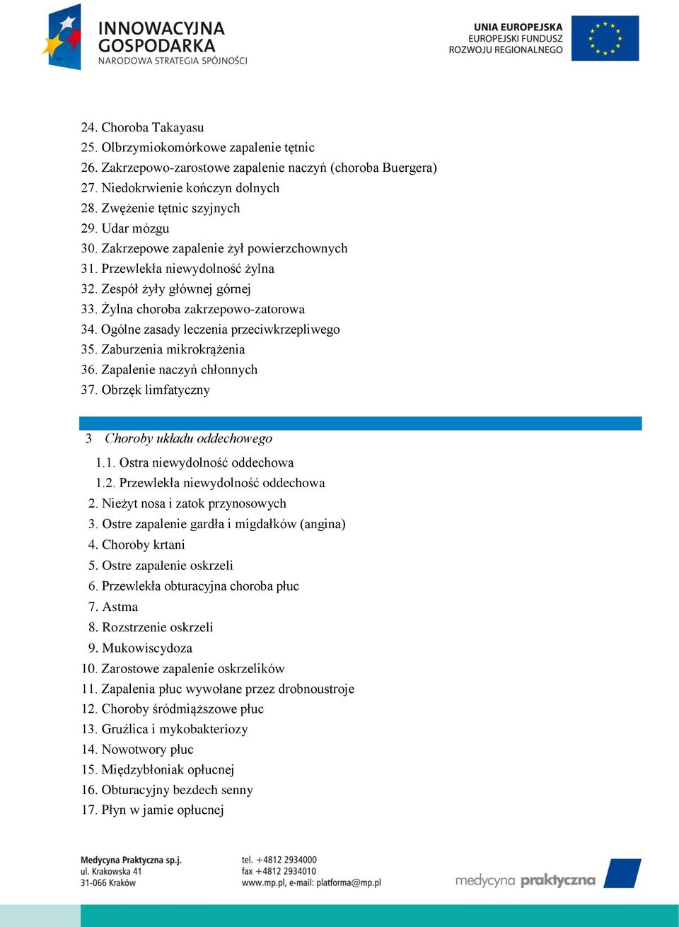 Ogólne zasady leczenia przeciwkrzepliwego 35. Zaburzenia mikrokrążenia 36. Zapalenie naczyń chłonnych 37. Obrzęk limfatyczny 3 Choroby układu oddechowego 1.1. Ostra niewydolność oddechowa 1.2.