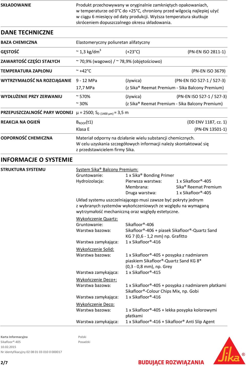 Elastomeryczny poliuretan alifatyczny GĘSTOŚĆ ~ 1,3 kg/dm 3 (+23 C) (PN EN ISO 2811 1) ZAWARTOŚĆ CZĘŚCI STAŁYCH ~ 70,9% (wagowo) / ~ 78,9% (objętościowo) TEMPERATURA ZAPŁONU ~ +42 C (PN EN ISO 3679)