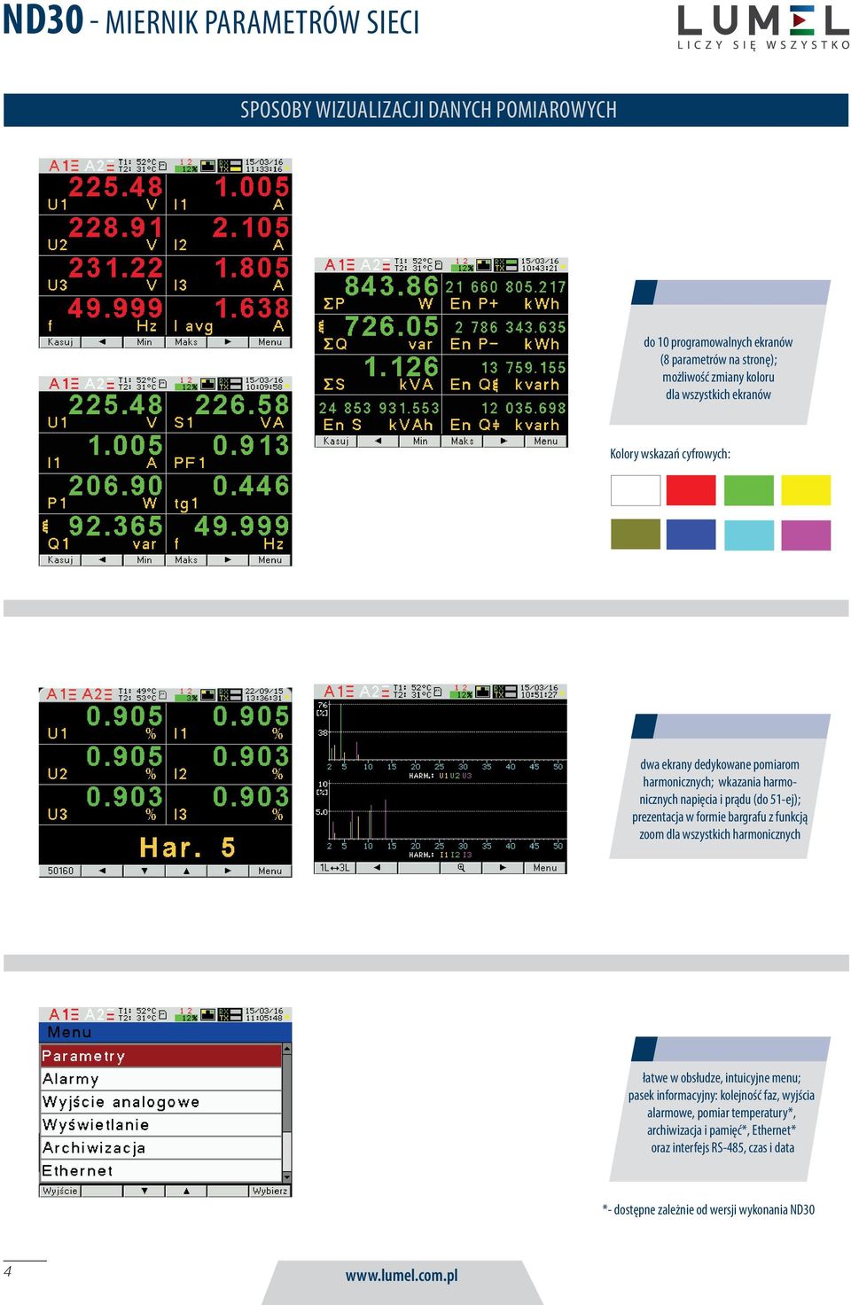 bargrafu z funkcją zoom dla wszystkich harmonicznych łatwe w obsłudze, intuicyjne menu; pasek informacyjny: kolejność faz, wyjścia alarmowe,