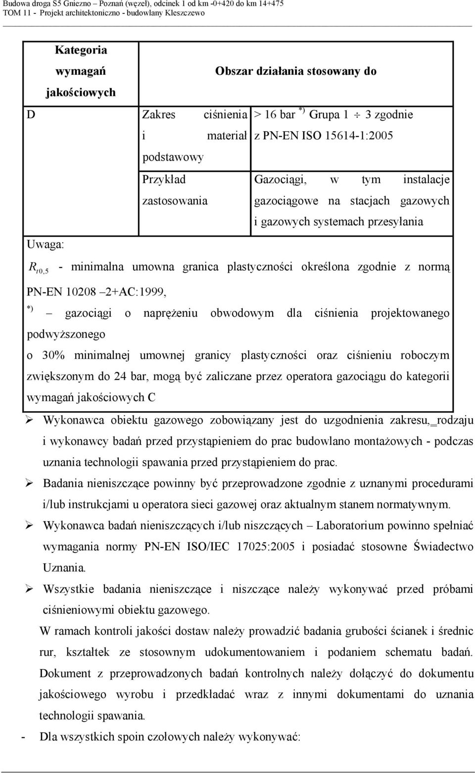 naprężeniu obwodowym dla ciśnienia projektowanego podwyższonego o 30% minimalnej umownej granicy plastyczności oraz ciśnieniu roboczym zwiększonym do 24 bar, mogą być zaliczane przez operatora