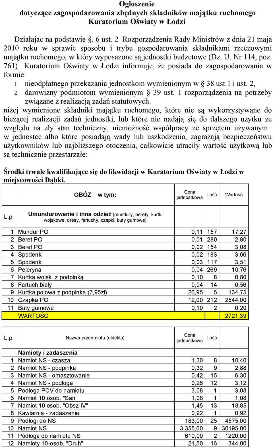 Nr 114, poz. 761) Kuratorium Oświaty w Łodzi informuje, że posiada do zagospodarowania w formie: 1. nieodpłatnego przekazania jednostkom wymienionym w 38 ust.1 i ust. 2, 2.