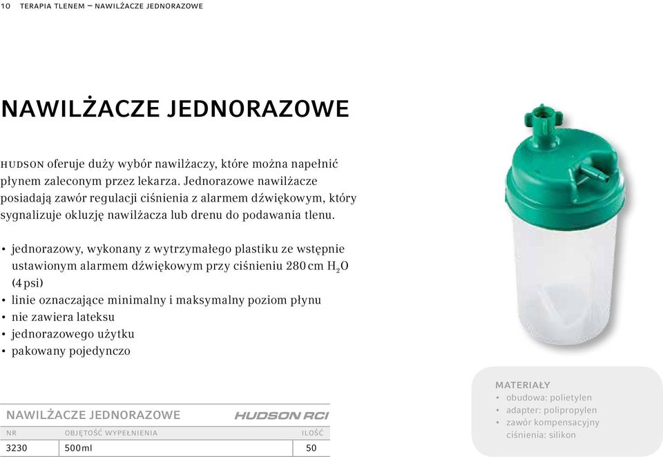 jednorazowy, wykonany z wytrzymałego plastiku ze wstępnie ustawionym alarmem dźwiękowym przy ciśnieniu 280 cm H 2 O (4 psi) linie oznaczające minimalny i