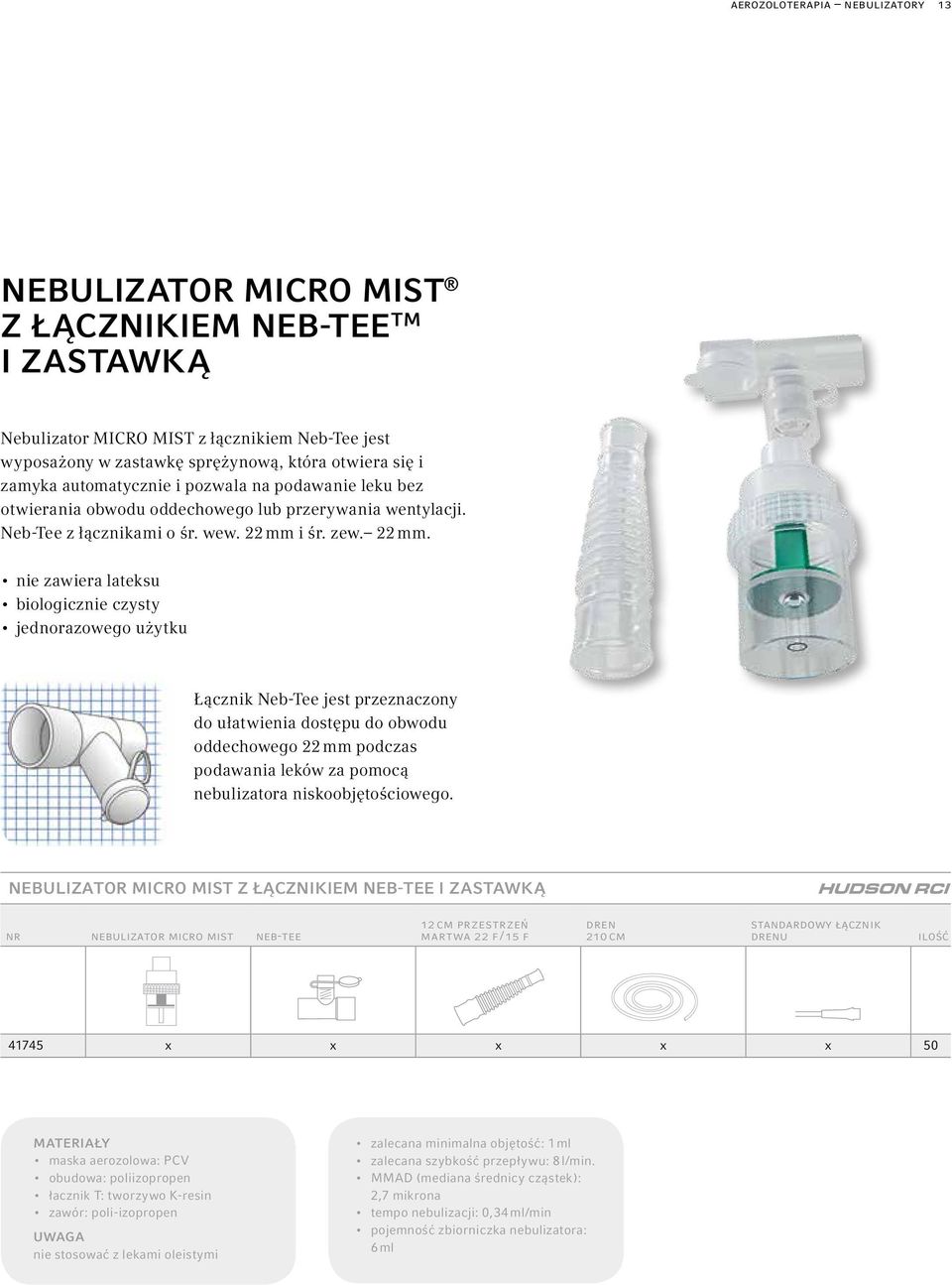 i śr. zew. 22 mm. Łącznik Neb-Tee jest przeznaczony do ułatwienia dostępu do obwodu oddechowego 22 mm podczas podawania leków za pomocą nebulizatora niskoobjętościowego.