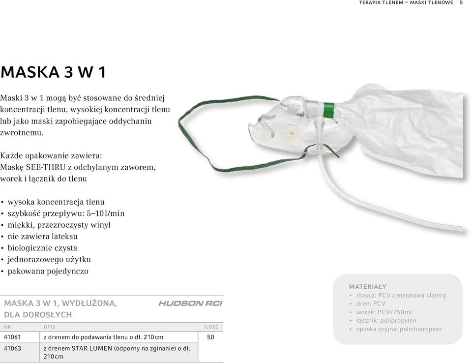 Każde opakowanie zawiera: Maskę SEE-THRU z odchylanym zaworem, worek i łącznik do tlenu wysoka koncentracja tlenu szybkość przepływu: 5 10 l/min miękki,