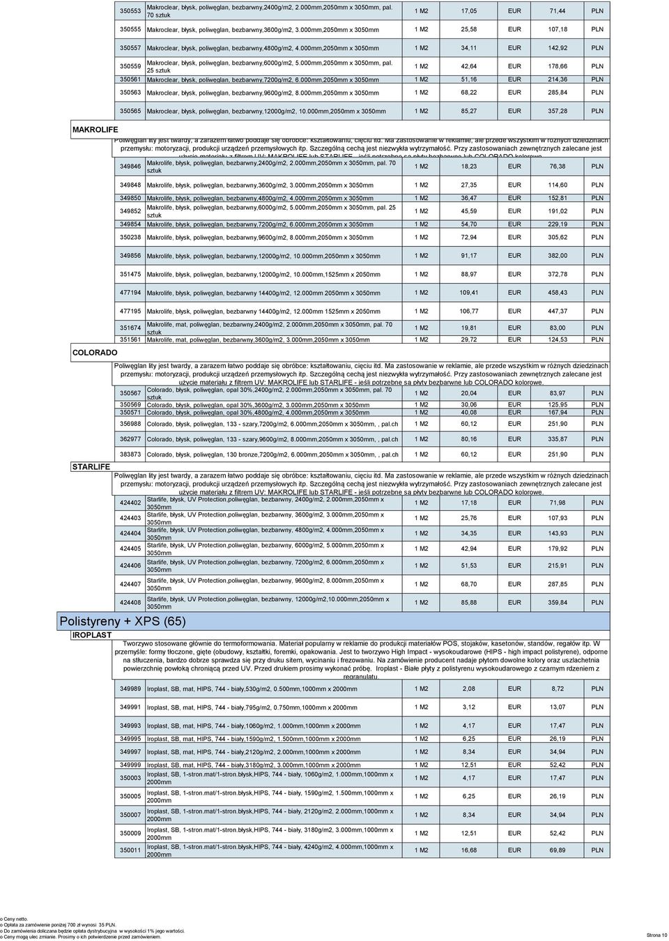 Przy zastosowaniach zewnętrznych zalecane jest użycie 1 materiału z filtrem 17,05 UV: MAKROLIFE EURlub STARLIFE 71,44 - jeśli potrzebne PLN są płyty bezbarwne lub CO 70 sztuk toryzacji, produkcji