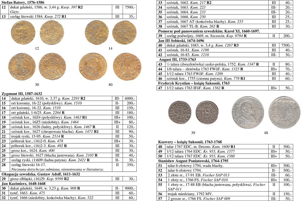 , 16Z5 (niedobity). Kam. 1464 20 szóstak kor., 1626 (ładny, połyskliwy). Kam. 1467 R 21 szóstak kor., 1627 (chropowata blacha). Kam. 1471 R1 22 trojak ryski, 15-95. Kam. 2514 R 23 półtorak kor.