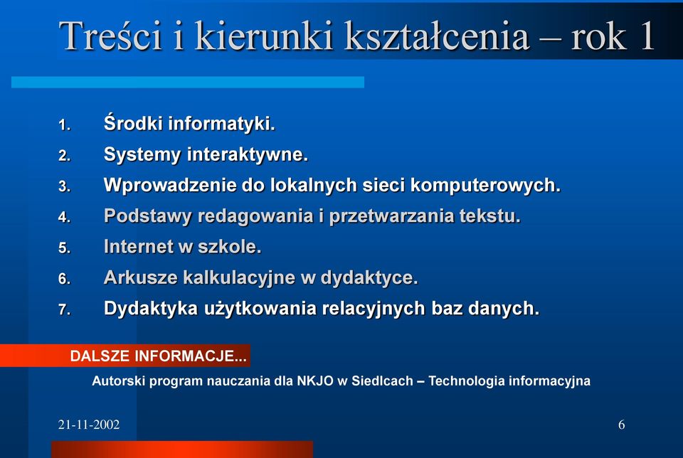 Internet w szkole. 6. Arkusze kalkulacyjne w dydaktyce. 7.