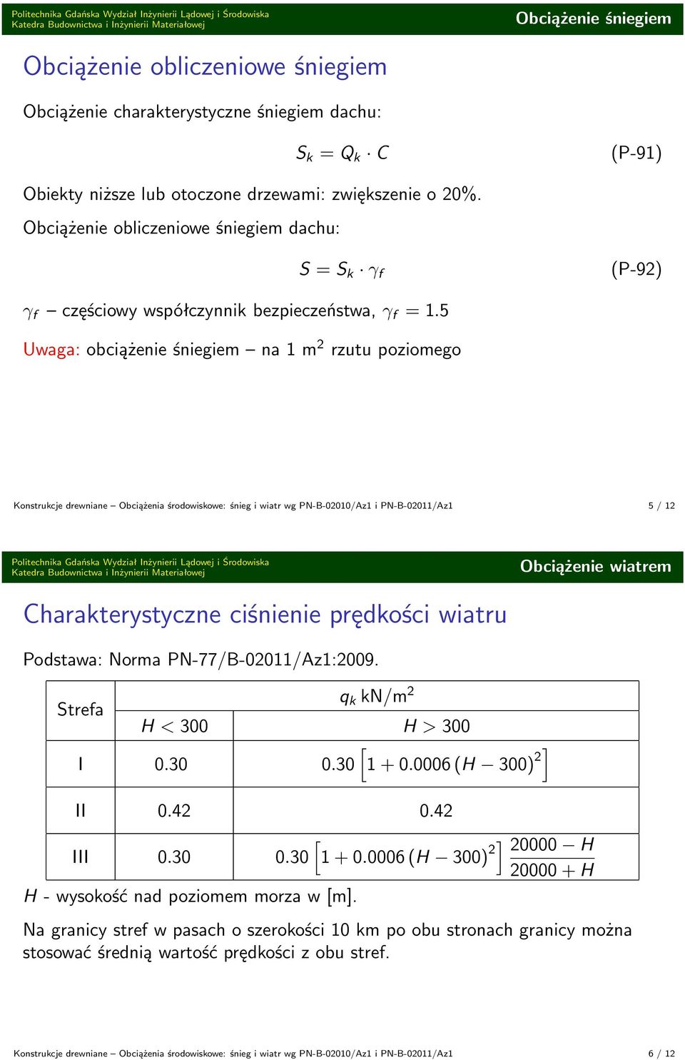 5 Uwaga: obciążenie śniegiem na 1 m 2 rzutu poziomego Konstrukcje drewniane Obciążenia środowiskowe: śnieg i wiatr wg PN-B-02010/Az1 i PN-B-02011/Az1 5 / 12 harakterystyczne ciśnienie prędkości