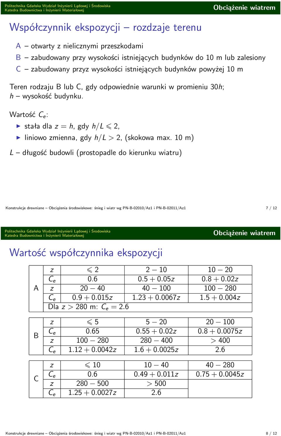 10 m) L długość budowli (prostopadle do kierunku wiatru) Konstrukcje drewniane Obciążenia środowiskowe: śnieg i wiatr wg PN-B-02010/Az1 i PN-B-02011/Az1 7 / 12 Wartość współczynnika ekspozycji A B z