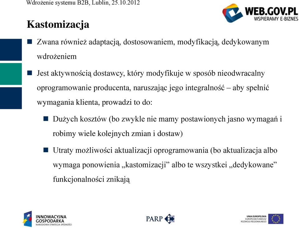 prowadzi to do: Dużych kosztów (bo zwykle nie mamy postawionych jasno wymagań i robimy wiele kolejnych zmian i dostaw) Utraty