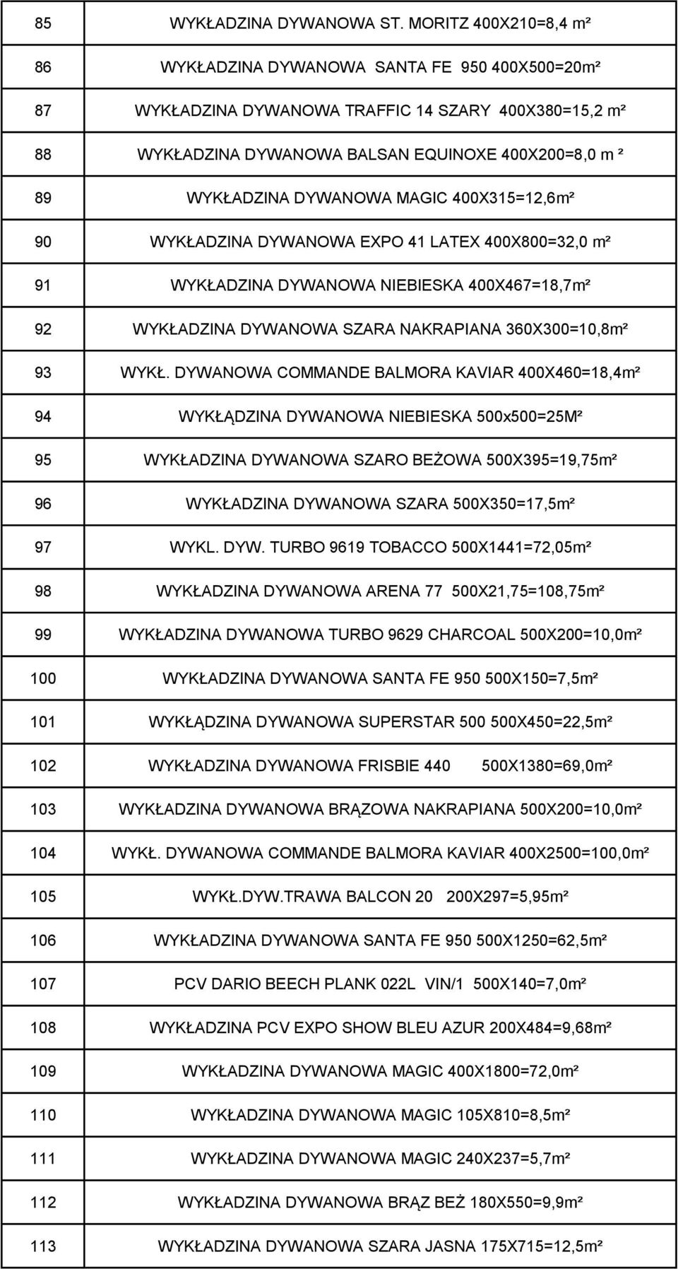 DYWANOWA MAGIC 400X315=12,6m² 90 WYKŁADZINA DYWANOWA EXPO 41 LATEX 400X800=32,0 m² 91 WYKŁADZINA DYWANOWA NIEBIESKA 400X467=18,7m² 92 WYKŁADZINA DYWANOWA SZARA NAKRAPIANA 360X300=10,8m² 93 WYKŁ.