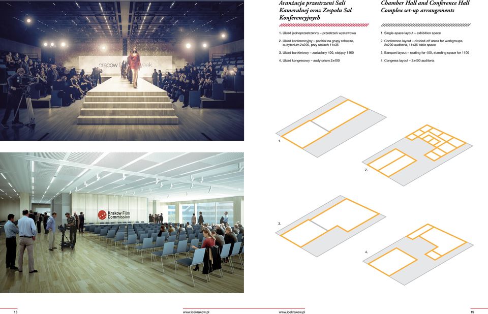 Układ bankietowy zasiadany 400, stojący 1100 4. Układ kongresowy audytorium 2x400 1. Single-space layout exhibition space 2.