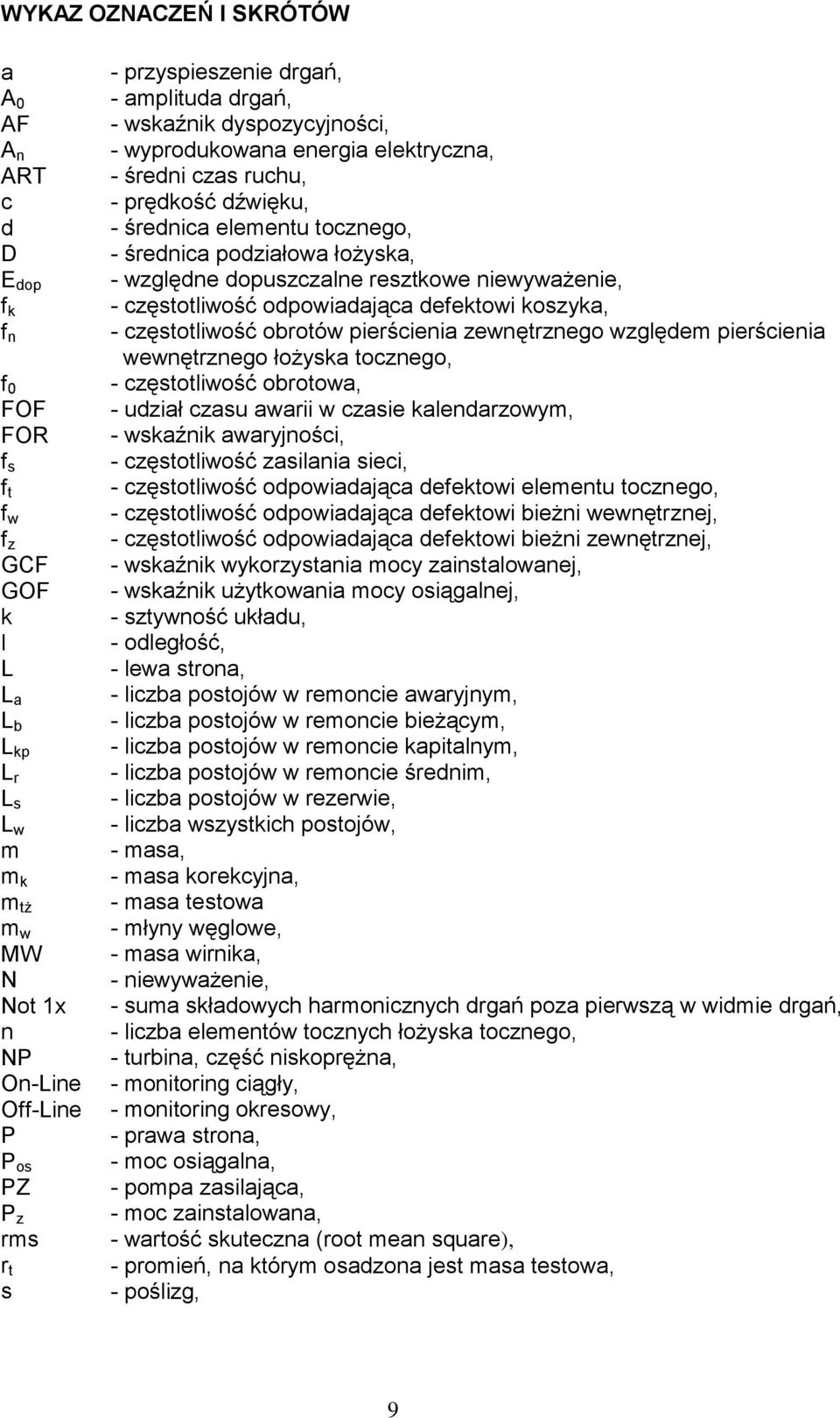 podziałowa łożyska, - względne dopuszczalne resztkowe niewyważenie, - częstotliwość odpowiadająca defektowi koszyka, - częstotliwość obrotów pierścienia zewnętrznego względem pierścienia wewnętrznego