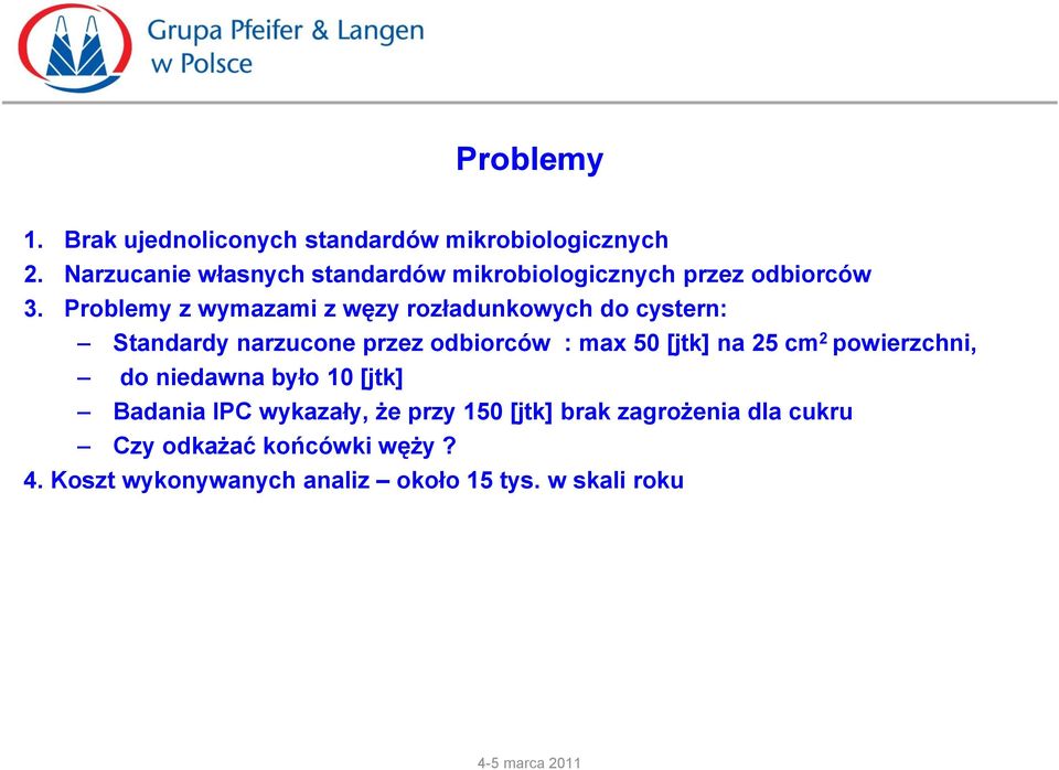 Problemy z wymazami z węzy rozładunkowych do cystern: Standardy narzucone przez odbiorców : max 50 [jtk] na