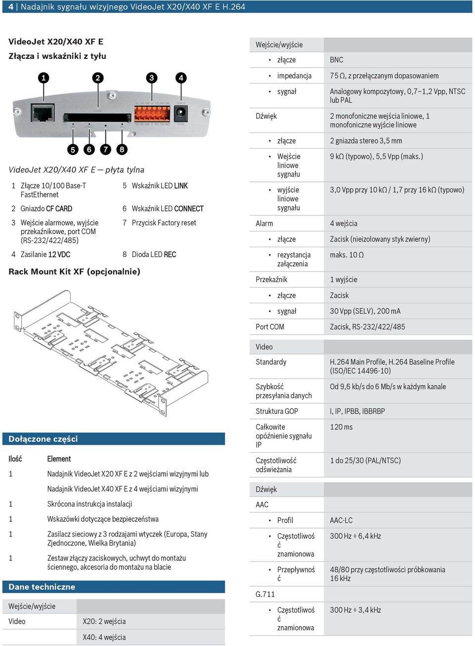 wejścia liniowe, 1 monofoniczne wyjście liniowe złącze 2 gniazda stereo 3,5 mm VideoJet X20/X40 XF E płyta tylna 1 Złącze 10/100 Base-T FastEthernet 5 Wskaźnik LED LINK 2 Gniazdo CF CARD 6 Wskaźnik