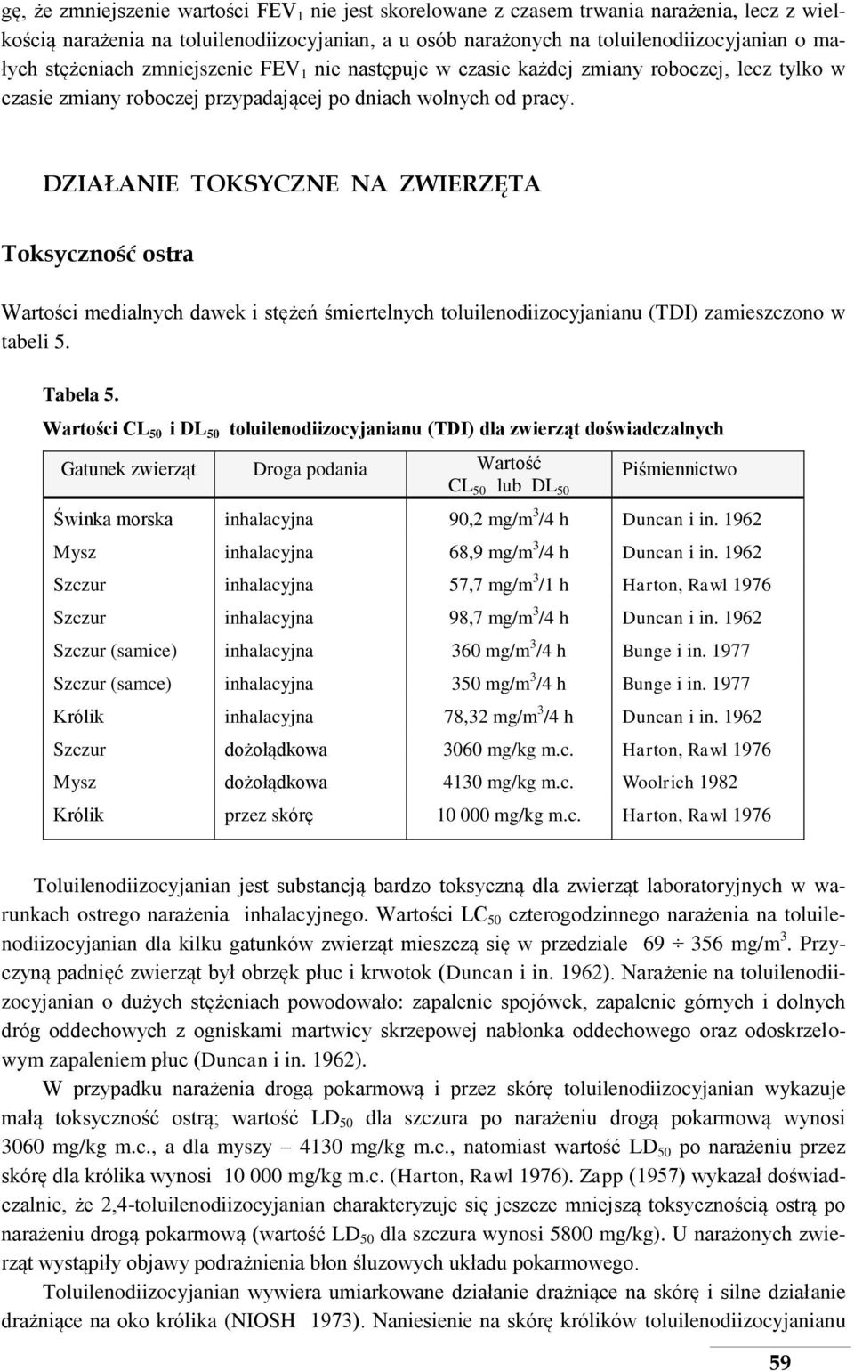 DZIAŁANIE TOKSYCZNE NA ZWIERZĘTA Toksyczność ostra Wartości medialnych dawek i stężeń śmiertelnych toluilenodiizocyjanianu (TDI) zamieszczono w tabeli 5. Tabela 5.