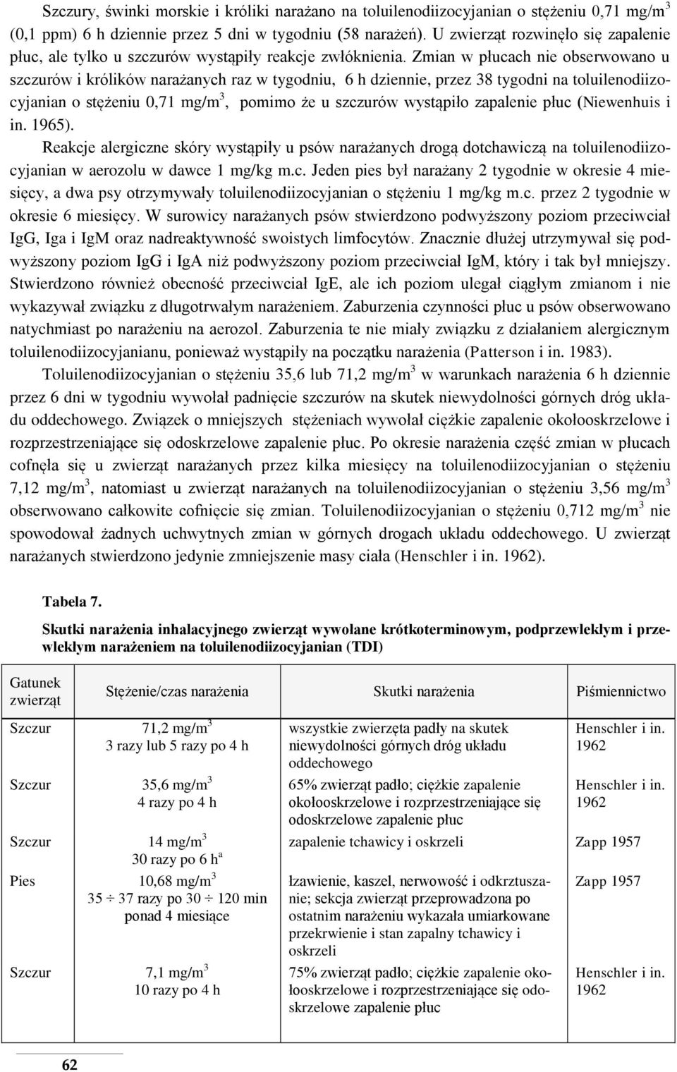 Zmian w płucach nie obserwowano u szczurów i królików narażanych raz w tygodniu, 6 h dziennie, przez 38 tygodni na toluilenodiizocyjanian o stężeniu 0,71 mg/m 3, pomimo że u szczurów wystąpiło