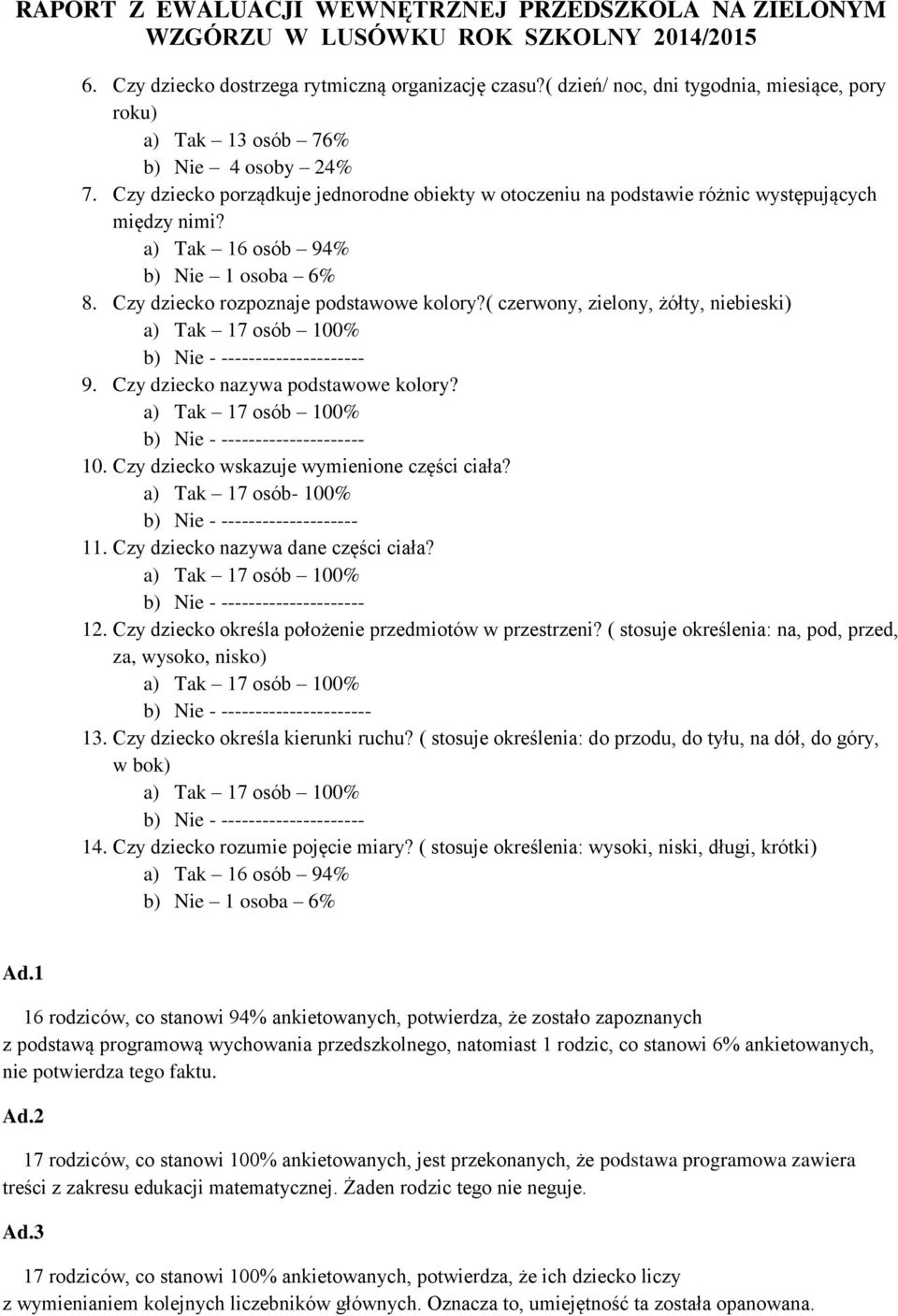 ( czerwony, zielony, żółty, niebieski) a) Tak 17 osób 100% 9. Czy dziecko nazywa podstawowe kolory? a) Tak 17 osób 100% 10. Czy dziecko wskazuje wymienione części ciała?