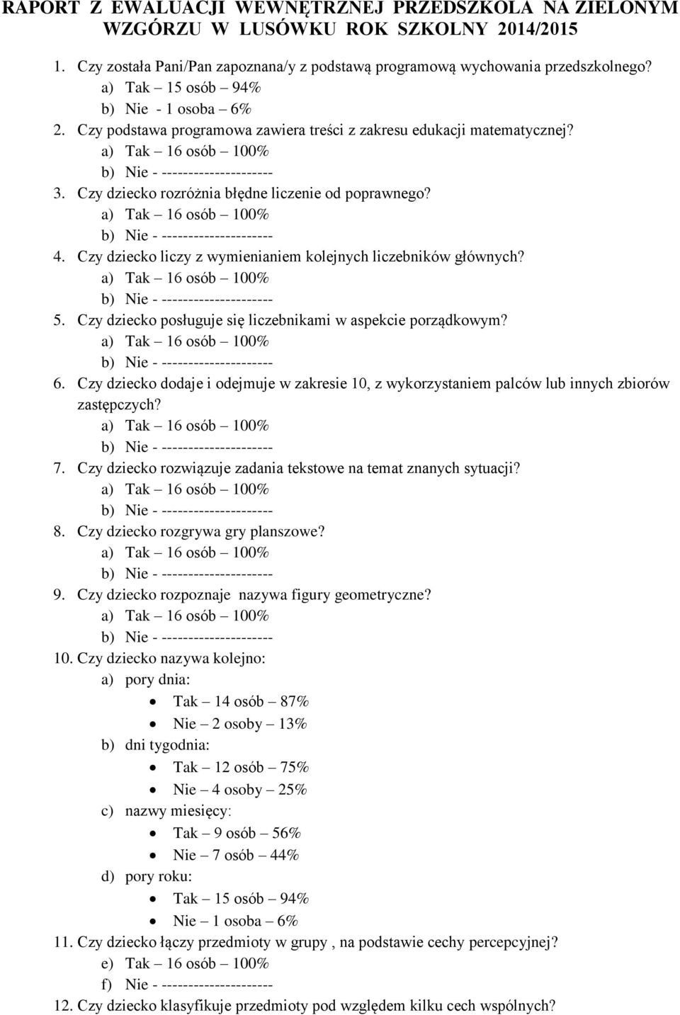 Czy dziecko dodaje i odejmuje w zakresie 10, z wykorzystaniem palców lub innych zbiorów zastępczych? 7. Czy dziecko rozwiązuje zadania tekstowe na temat znanych sytuacji? 8.