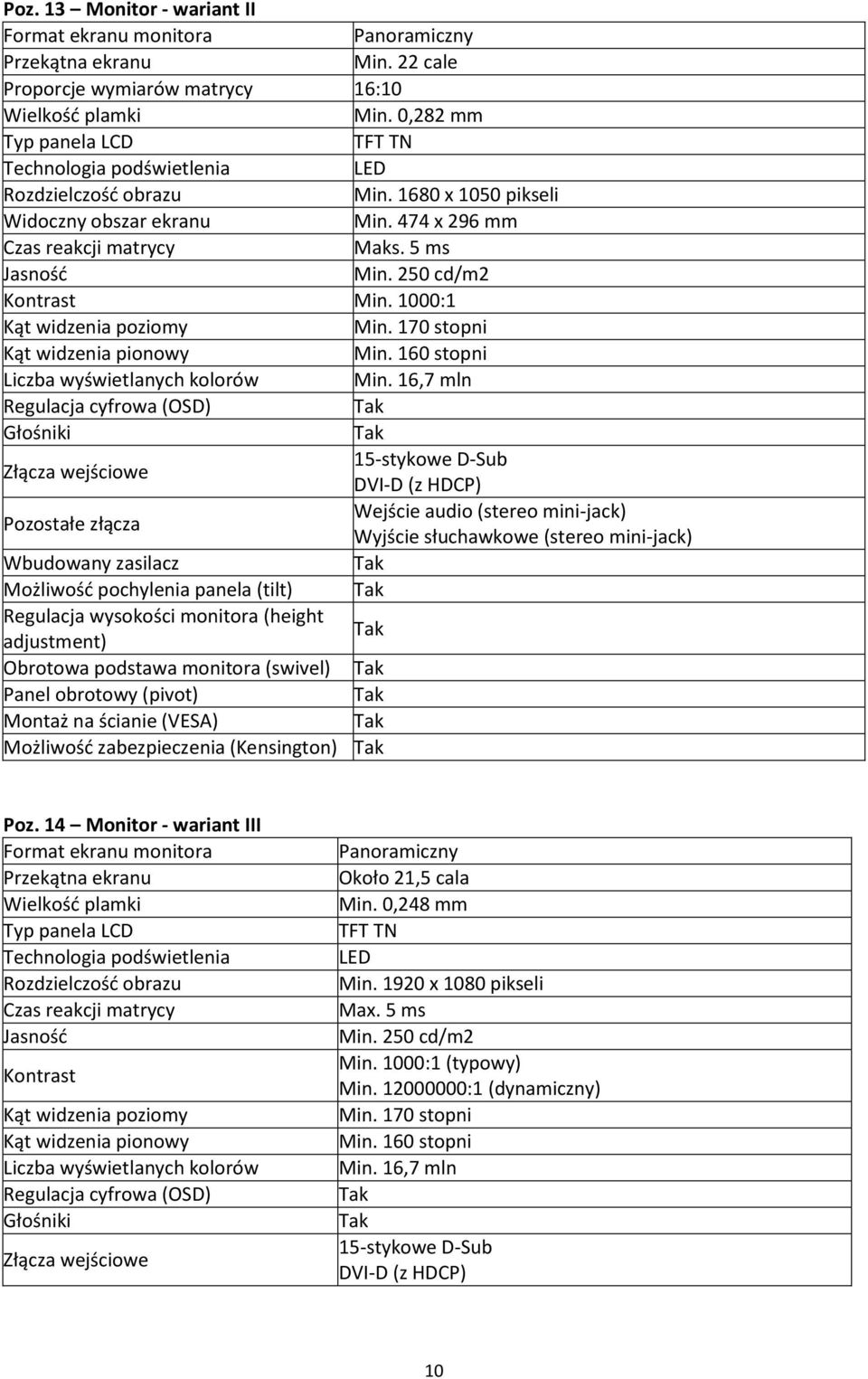 250 cd/m2 Kontrast Min. 1000:1 Kąt widzenia poziomy Min. 170 stopni Kąt widzenia pionowy Min. 160 stopni Liczba wyświetlanych kolorów Min.