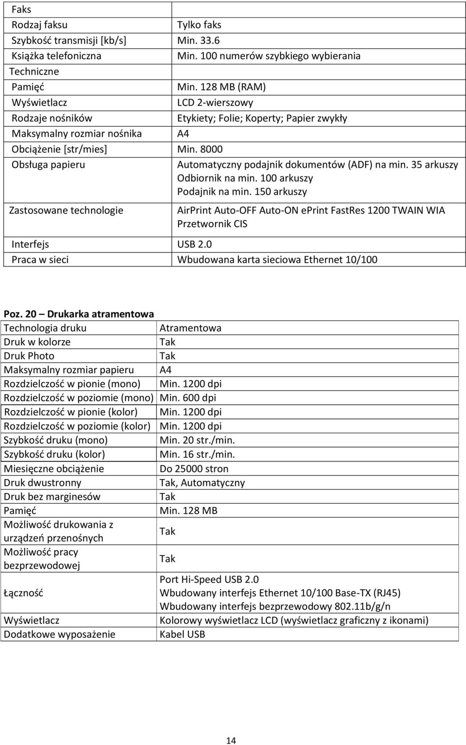 8000 Obsługa papieru Automatyczny podajnik dokumentów (ADF) na min. 35 arkuszy Odbiornik na min. 100 arkuszy Podajnik na min.