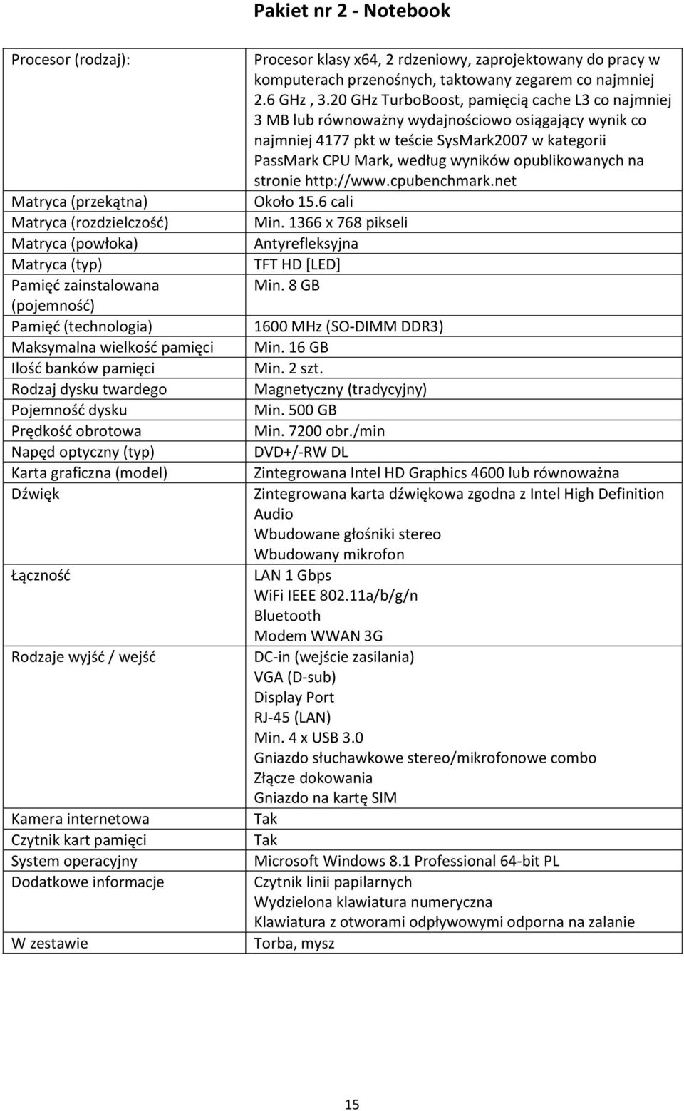 System operacyjny Dodatkowe informacje W zestawie Procesor klasy x64, 2 rdzeniowy, zaprojektowany do pracy w komputerach przenośnych, taktowany zegarem co najmniej 2.6 GHz, 3.