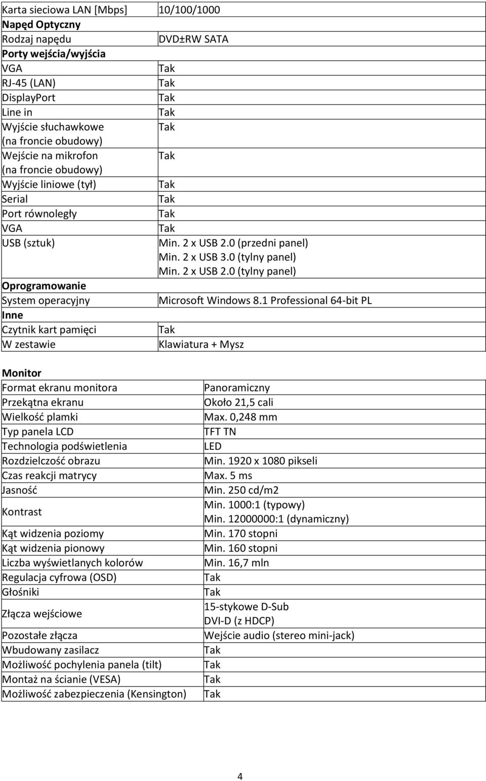 1 Professional 64-bit PL Inne Czytnik kart pamięci W zestawie Klawiatura + Mysz Monitor Format ekranu monitora Przekątna ekranu Wielkość plamki Typ panela LCD Technologia podświetlenia Rozdzielczość