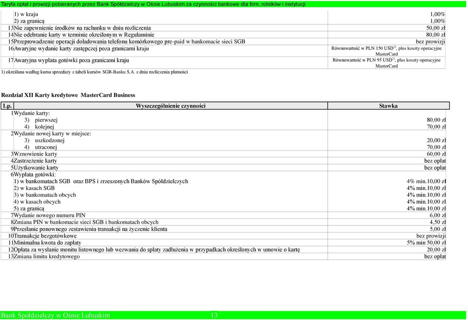 Awaryjna wypłata gotówki poza granicami kraju Równowartość w PLN 95 USD 1), plus koszty operacyjne MasterCard 1) określana według kursu sprzedaży z tabeli kursów SGB-Banku S.A. z dnia rozliczenia