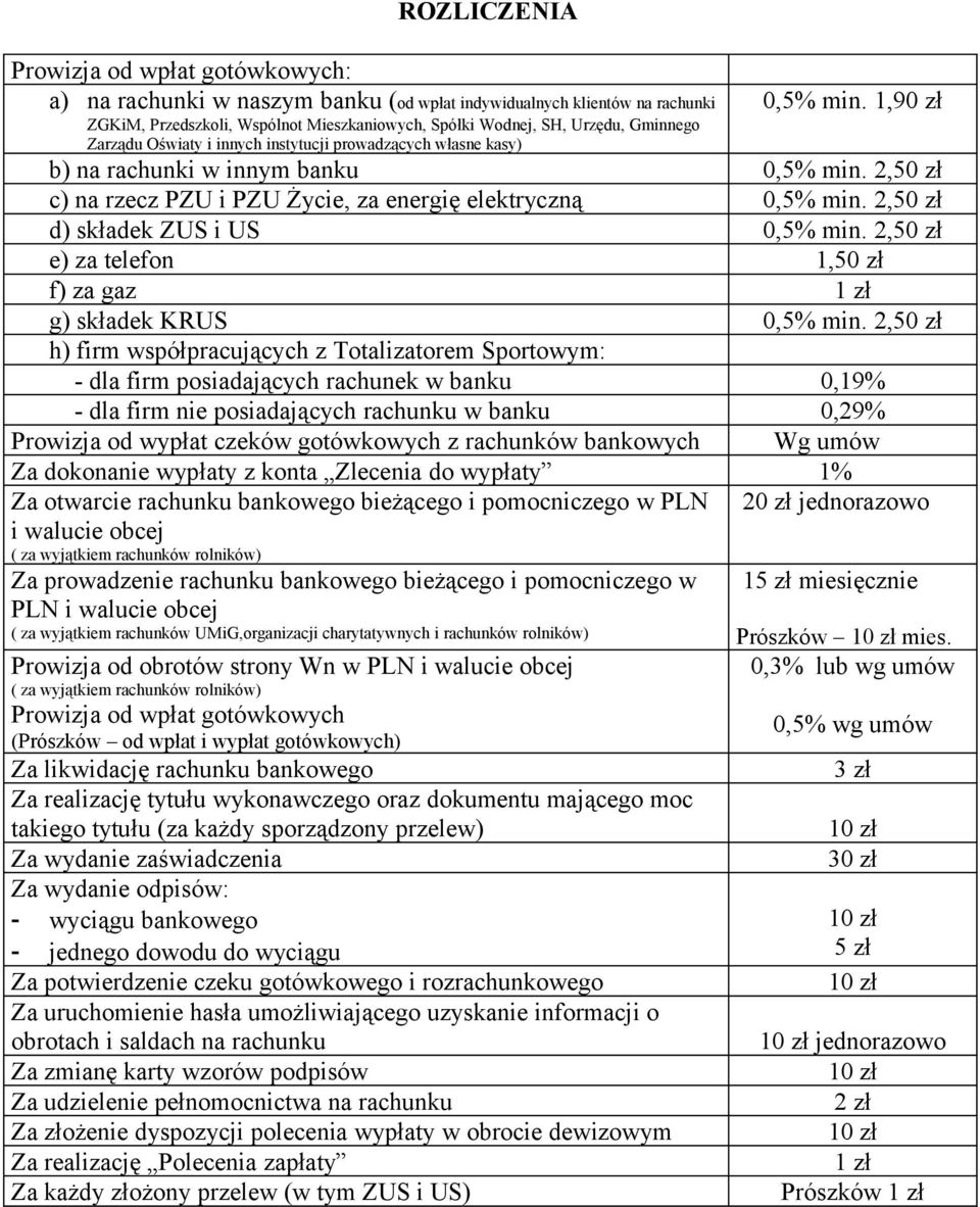 c) na rzecz PZU i PZU Życie, za energię elektryczną 0,5% min. d) składek ZUS i US 0,5% min. e) za telefon 1,50 zł f) za gaz 1 zł g) składek KRUS 0,5% min.