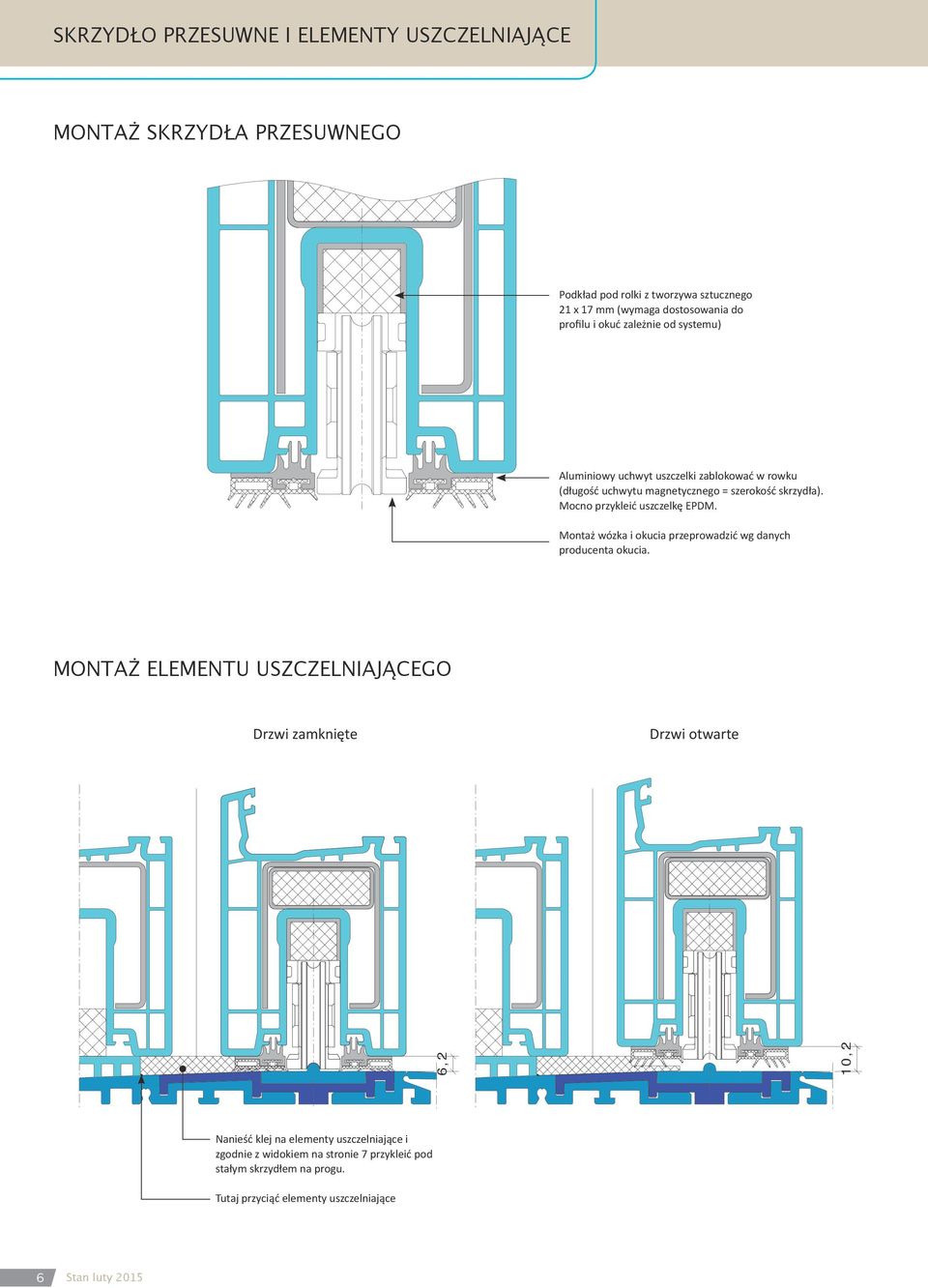 Mocno przykleić uszczelkę EPDM. Montaż wózka i okucia przeprowadzić wg danych producenta okucia.