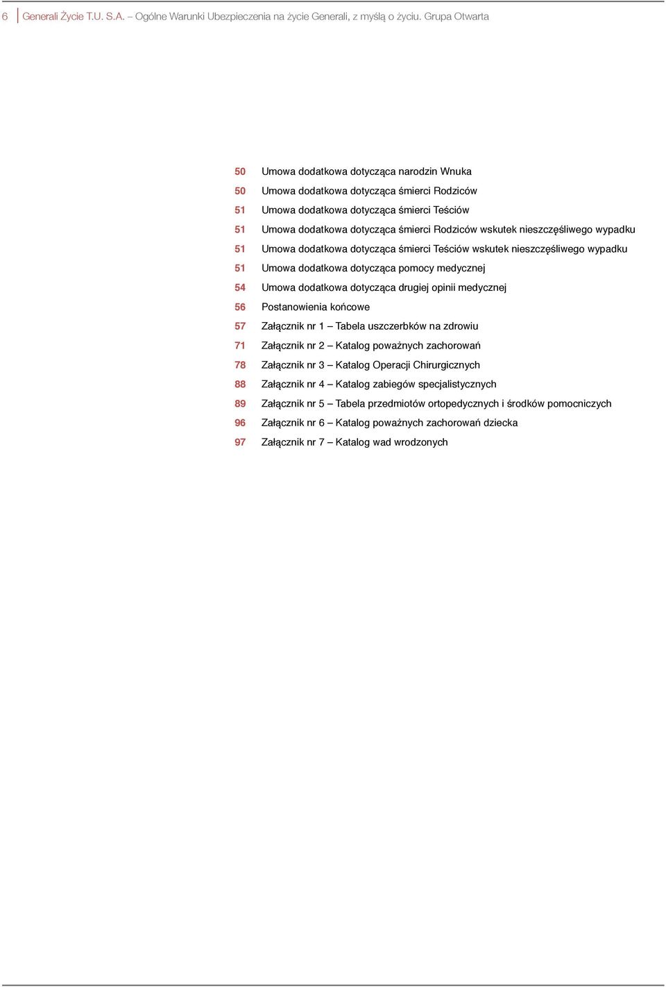 wskutek nieszczęśliwego wypadku 51 Umowa dodatkowa dotycząca śmierci Teściów wskutek nieszczęśliwego wypadku 51 Umowa dodatkowa dotycząca pomocy medycznej 54 Umowa dodatkowa dotycząca drugiej opinii