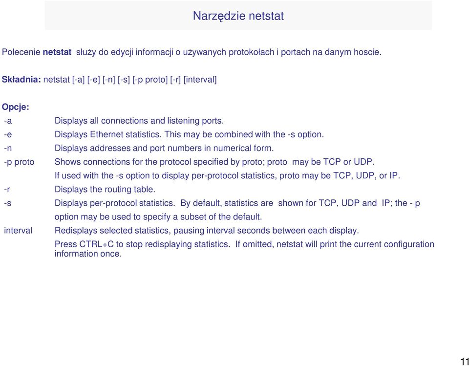 -n Displays addresses and port numbers in numerical form. -p proto Shows connections for the protocol specified by proto; proto may be TCP or UDP.