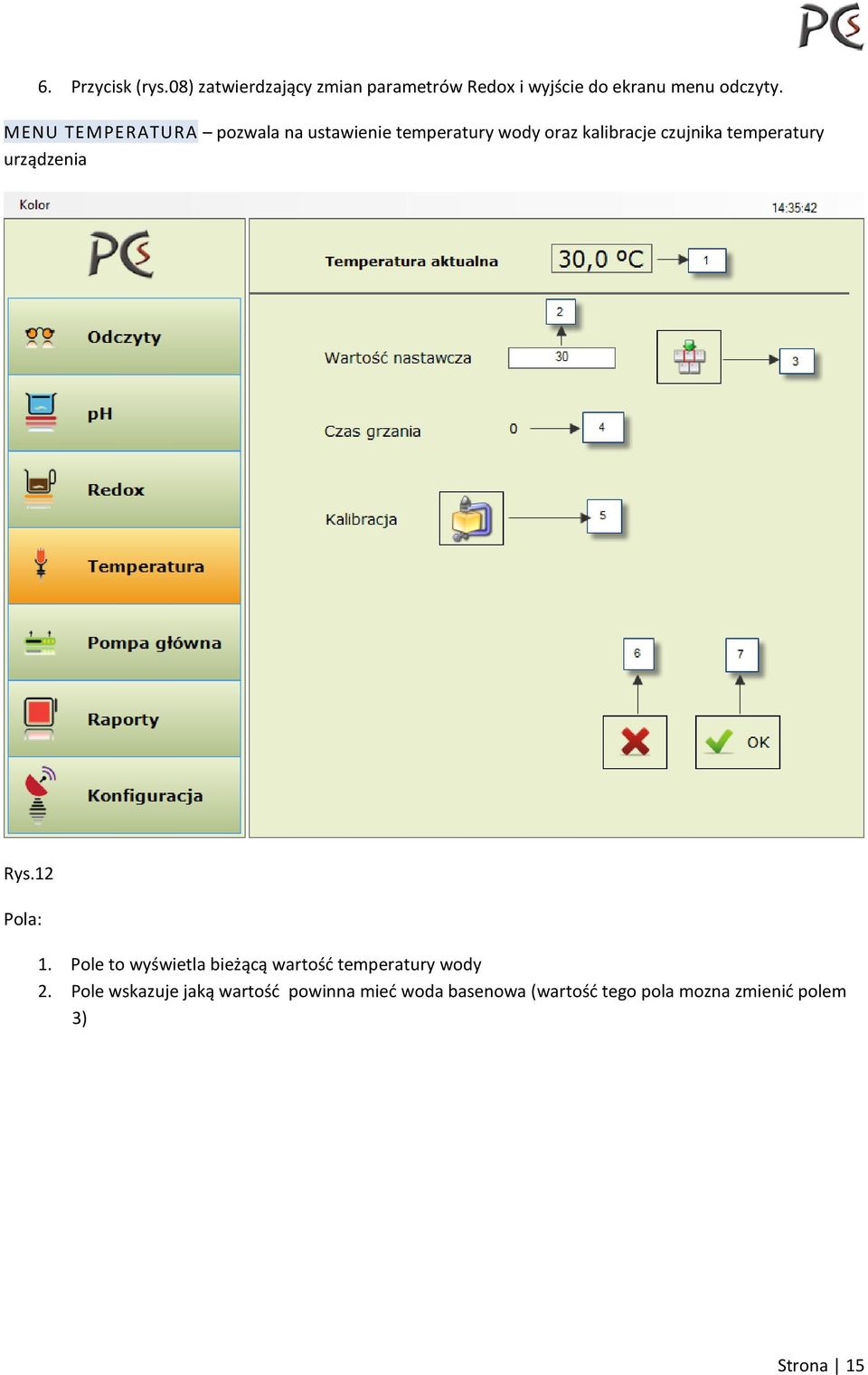 urządzenia Rys.12 Pola: 1. Pole to wyświetla bieżącą wartość temperatury wody 2.