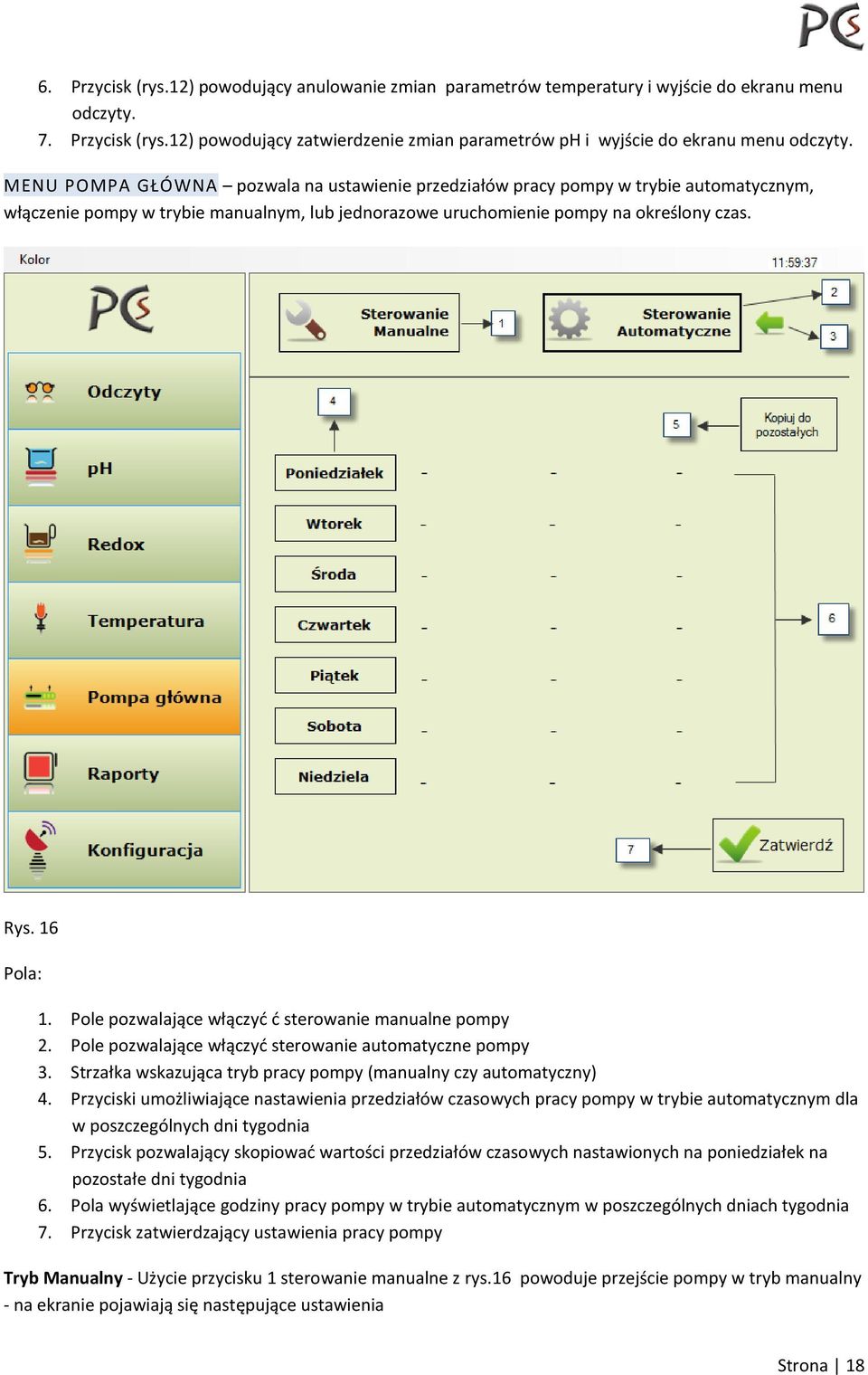 Pole pozwalające włączyć ć sterowanie manualne pompy 2. Pole pozwalające włączyć sterowanie automatyczne pompy 3. Strzałka wskazująca tryb pracy pompy (manualny czy automatyczny) 4.