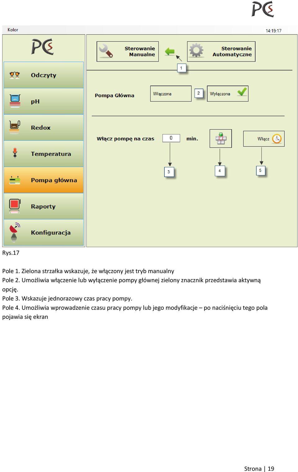 opcję. Pole 3. Wskazuje jednorazowy czas pracy pompy. Pole 4.