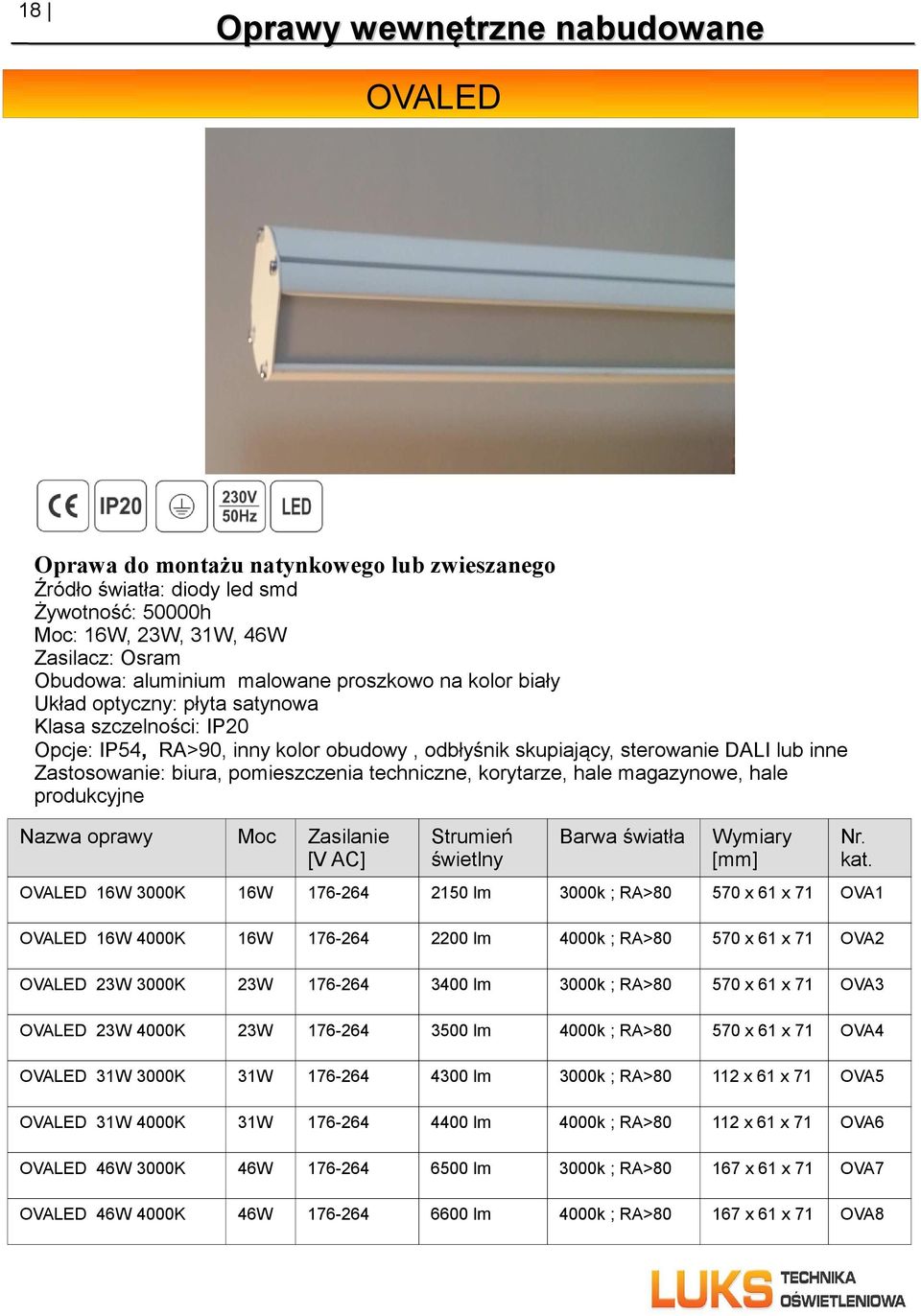 produkcyjne OVALED 16W 3000K 16W 176-264 2150 lm 3000k ; RA>80 570 x 61 x 71 OVA1 OVALED 16W 16W 176-264 2200 lm 4000k ; RA>80 570 x 61 x 71 OVA2 OVALED 23W 3000K 23W 176-264 3400 lm 3000k ; RA>80