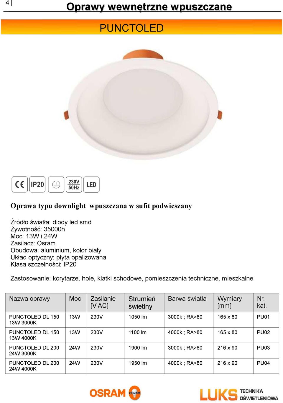 pomieszczenia techniczne, mieszkalne PUNCTOLED DL 150 13W 3000K PUNCTOLED DL 150 13W PUNCTOLED DL 200 24W 3000K PUNCTOLED DL 200 24W Nr. kat.