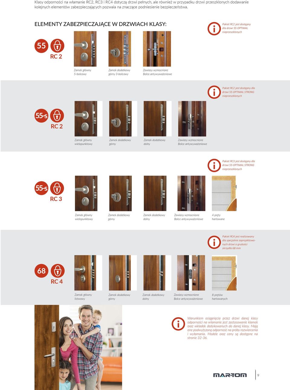 ELEMENTY ZABEZPIECZAJĄCE W DRZWIACH KLASY: Pakiet RC2 jest dostępny dla drzwi 55 nieprzeszklonych RC 2 Zamek główny 5-bolcowy Zamek dodatkowy górny 3-bolcowy Zawiasy wzmocnione Bolce antywyważeniowe