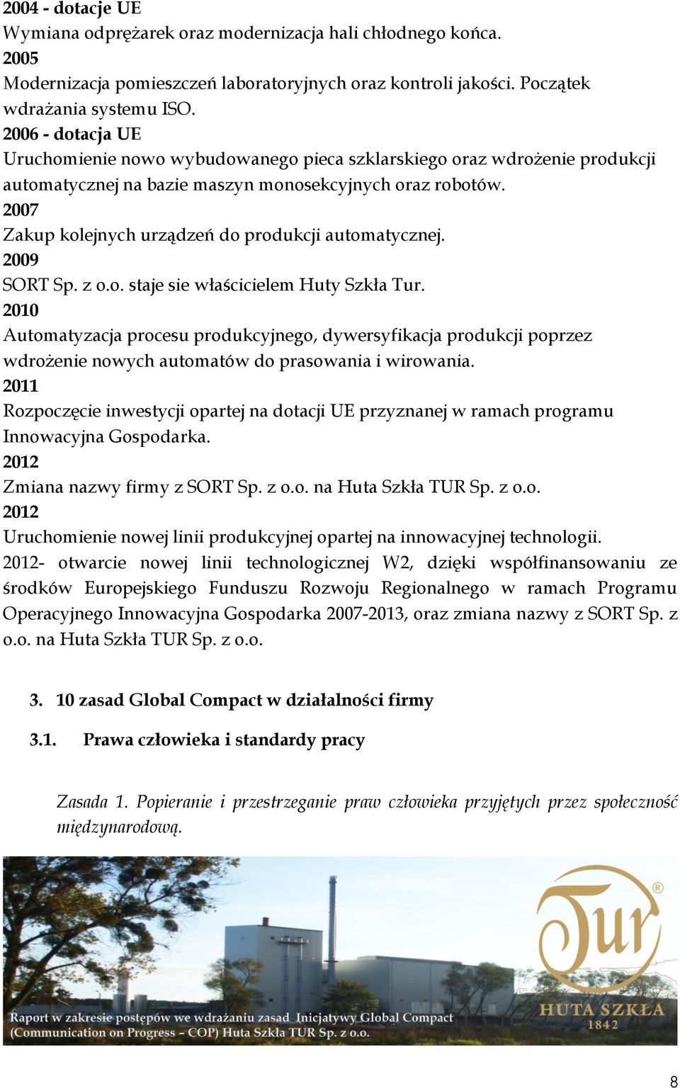 2007 Zakup kolejnych urządzeń do produkcji automatycznej. 2009 SORT Sp. z o.o. staje sie właścicielem Huty Szkła Tur.