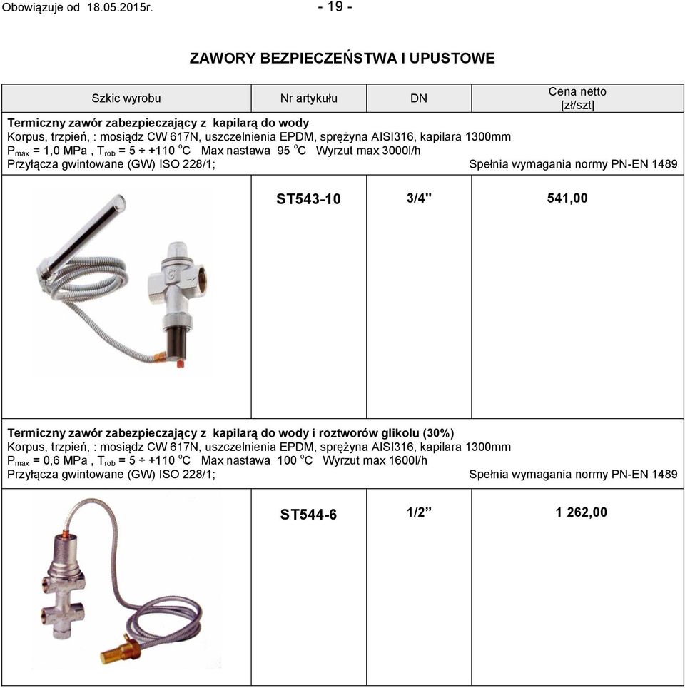 1300mm P max = 1,0 MPa, T rob = 5 +110 o C Max nastawa 95 o C Wyrzut max 3000l/h Przyłącza gwintowane (GW) ISO 228/1; Spełnia wymagania normy PN-EN 1489 ST543-10 3/4" 541,00