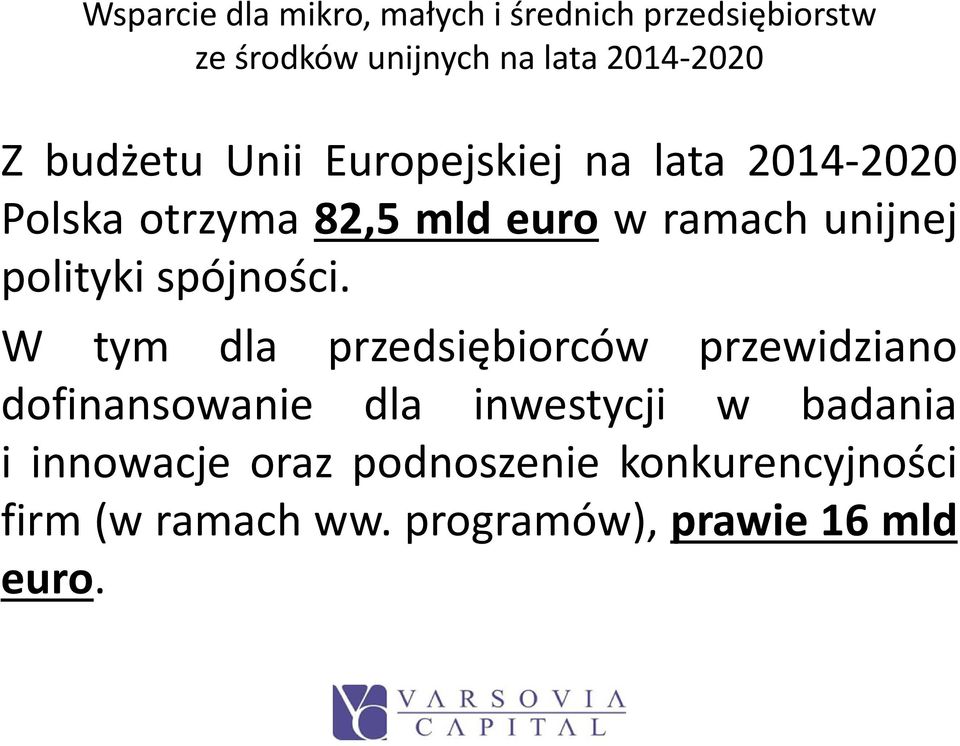 W tym dla przedsiębiorców przewidziano dofinansowanie dla inwestycji w