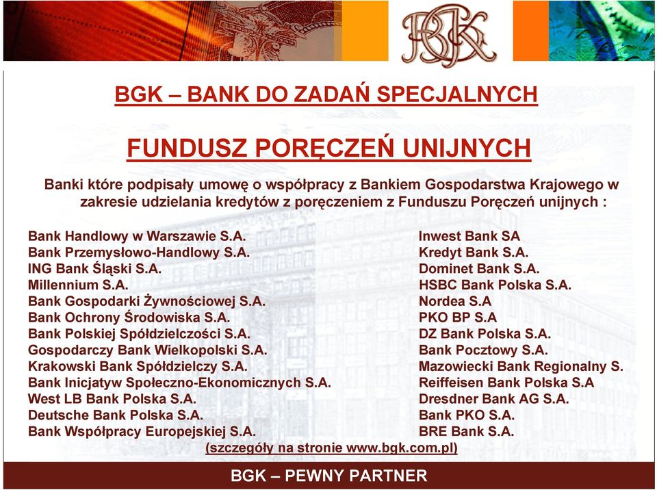 A. Nordea S.A Bank Ochrony Środowiska S.A. PKO BP S.A Bank Polskiej Spółdzielczości S.A. DZ Bank Polska S.A. Gospodarczy Bank Wielkopolski S.A. Bank Pocztowy S.A. Krakowski Bank Spółdzielczy S.A. Mazowiecki Bank Regionalny S.