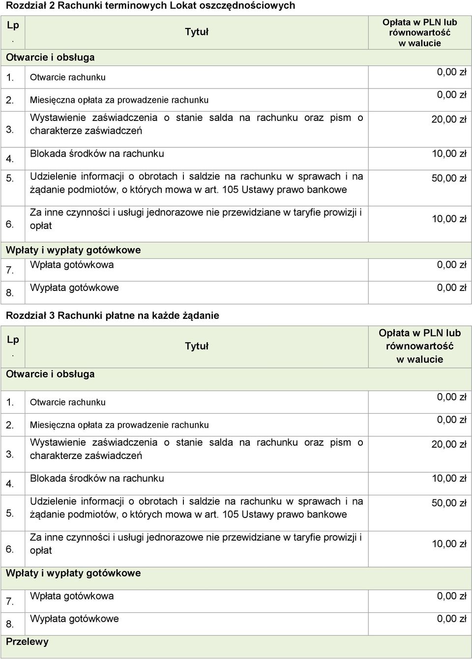 na 5 1 Rozdział 3 Rachunki płatne na każde żądanie Opłata w PLN lub równowartość w walucie 2 Miesięczna a za prowadzenie rachunku 4 5