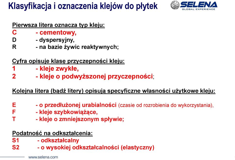 litery) opisują specyficzne własności użytkowe kleju: E F T - o przedłużonej urabialności (czasie od rozrobienia do wykorzystania), -